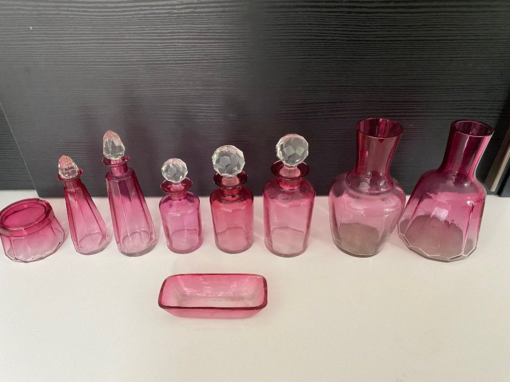 Prachtige vintage glazen roze set in Art-deco stijl, Antiek en Kunst, Ophalen of Verzenden