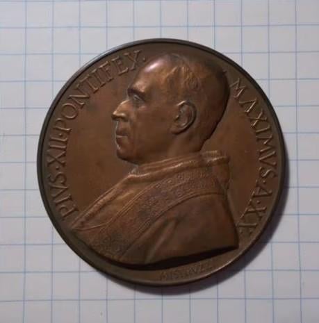 Bronzen herdenkingsmedaille Pius XII -1958, Ophalen of Verzenden, Zo goed als nieuw, Christendom | Katholiek