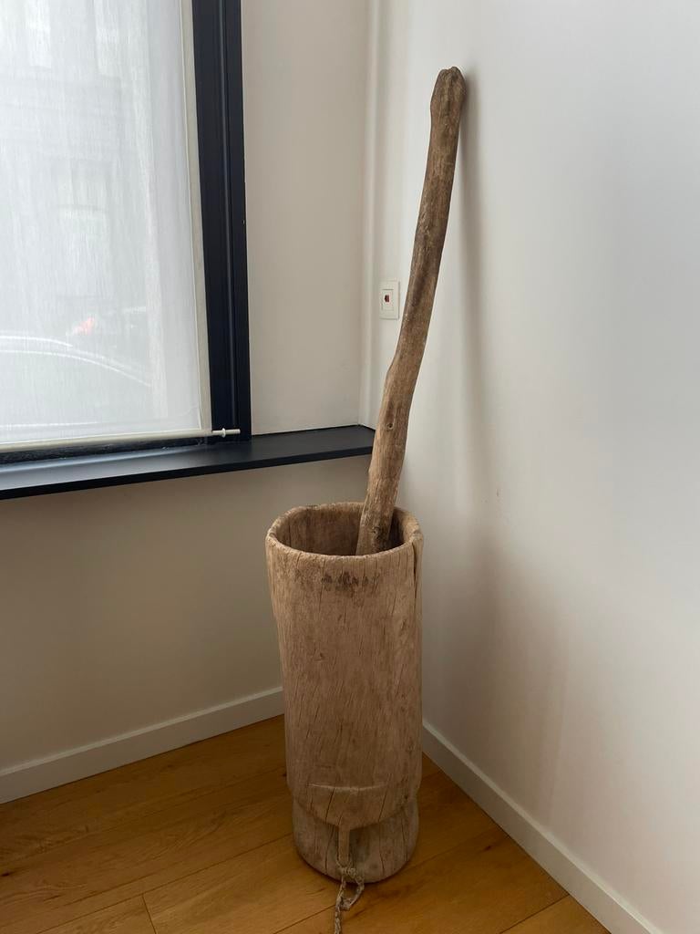 Houten antieke vijzel - Mortier - Stamper - Decoratie, Ophalen