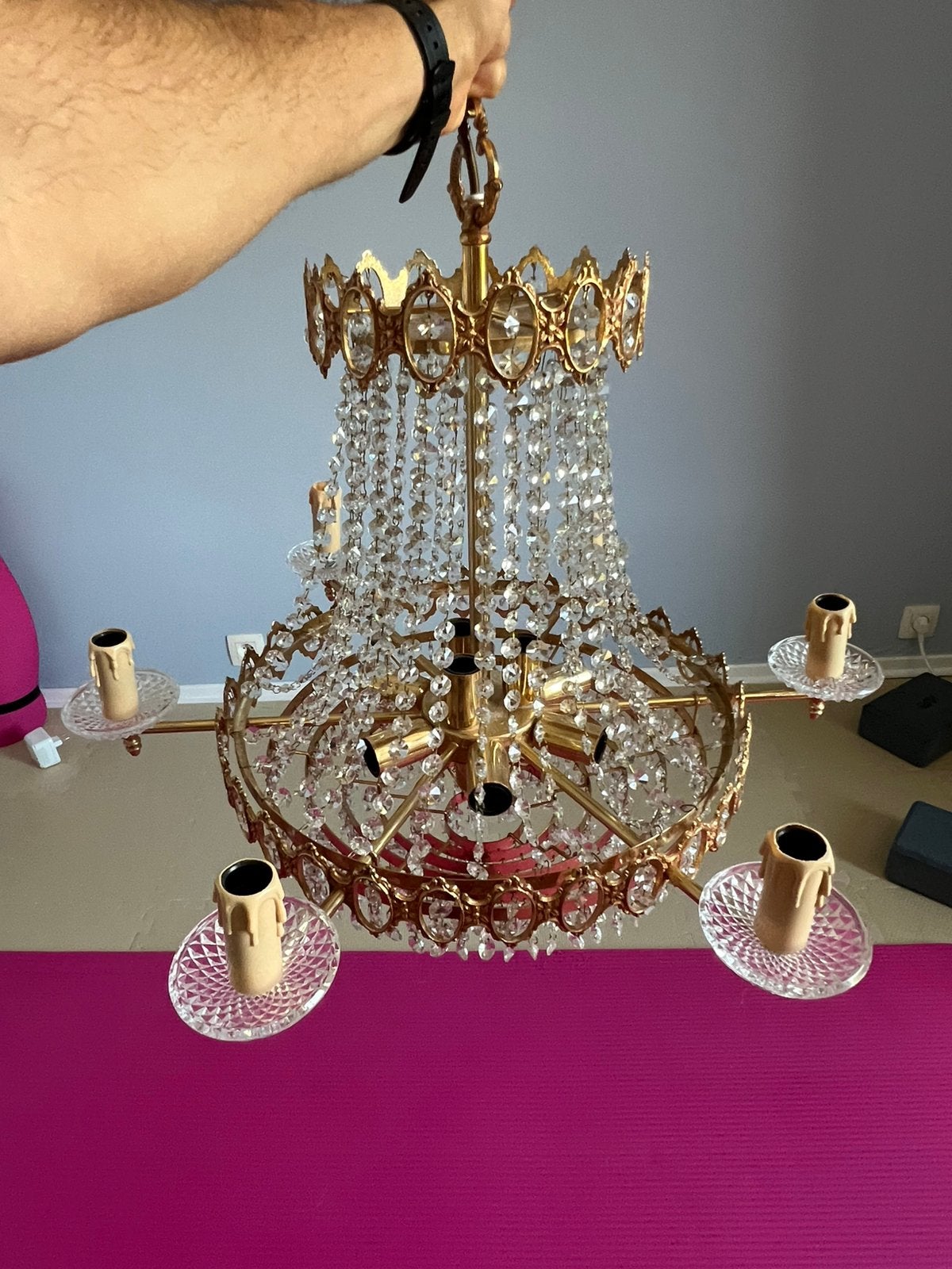 Magnifique lustre vintage Massive en laiton et cristal, Enlèvement, Comme neuf