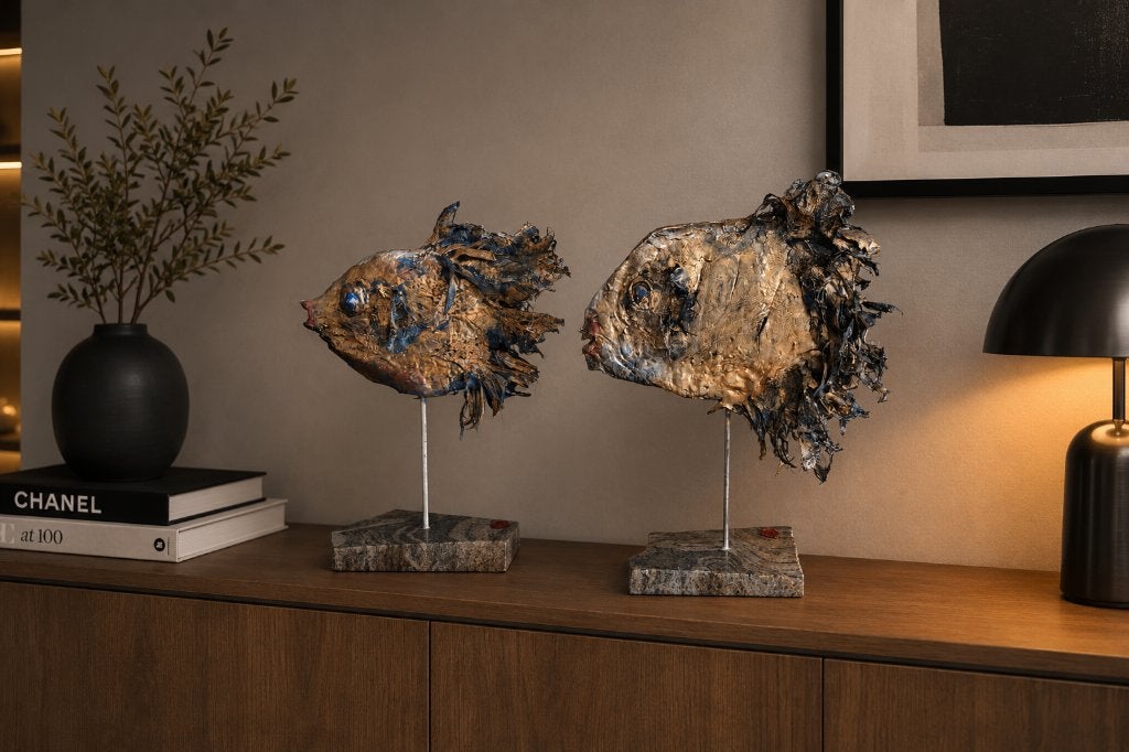 Twee beelden van  Vissen, Antiek en Kunst, Beschilderd, Ophalen of Verzenden, 20 - 50 cm, Beeld