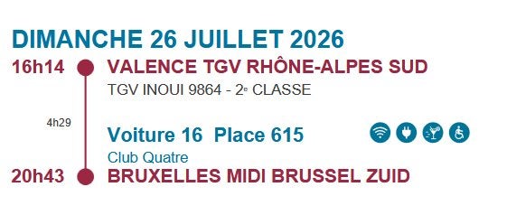 TGV BXL -> Valence (Frankrijk) 17/07 - Valence -> BXL 26/07, Tickets en Kaartjes, Trein, Bus en Vliegtuig, Eén persoon, Trein
