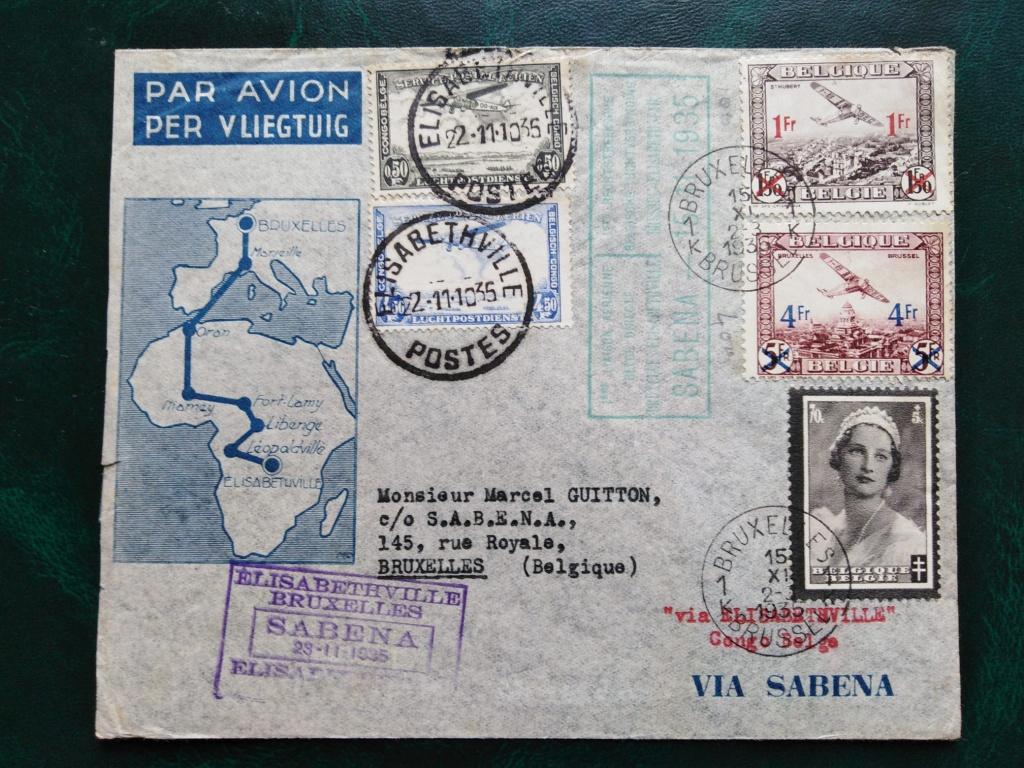 Postzegels op brief Sabena Brussel-Élisabethville 15/11/35, Luchtvaart, Met envelop, Ophalen of Verzenden, Luchtpostzegel