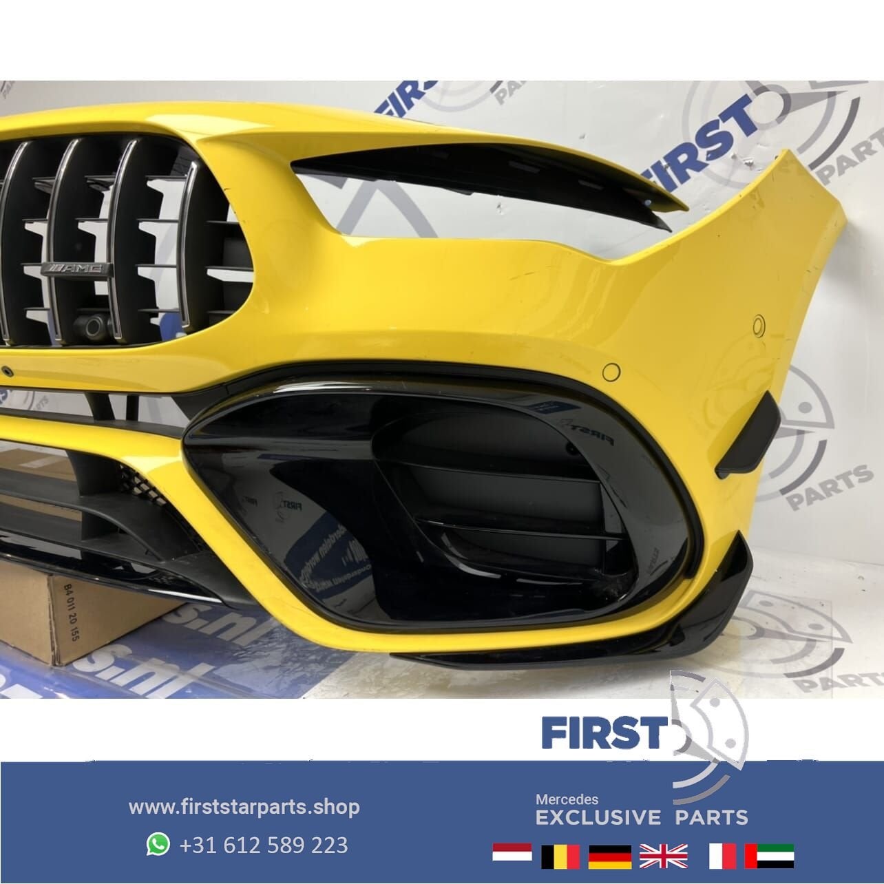 W118 CLA45 CLA45S AMG AERO VOORBUMPER GEEL + GT GRIL ORIGINE, Gebruikt, -, Voor, Ophalen of Verzenden