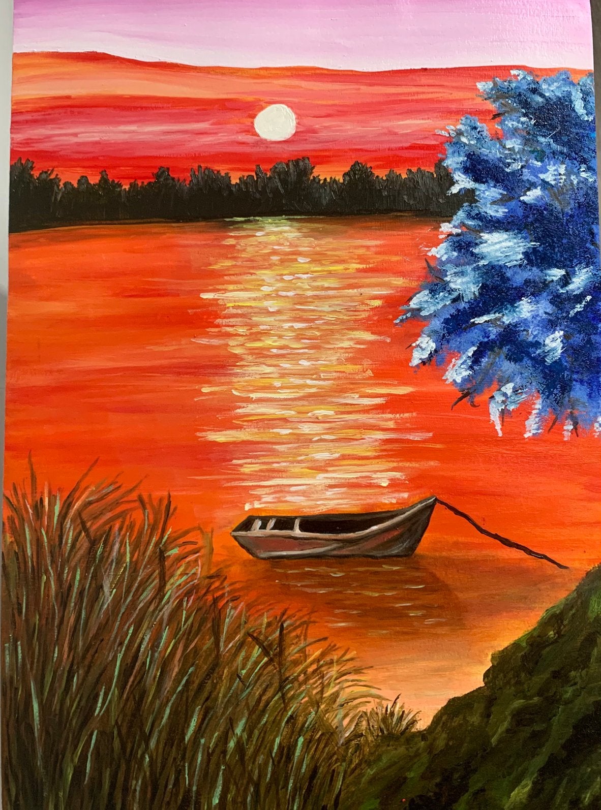 De Stilte van de Zonsondergang, Handgeschilderd, Papier/karton, Olieverf, Landschap