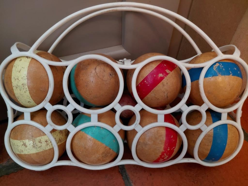 8 vintage houten ballen en houten cochonnet, Antiek en Kunst, Curiosa en Brocante, Ophalen of Verzenden