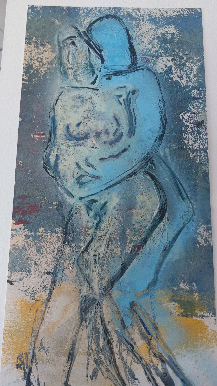 Belle œuvre d'art figurative abstraite (Blue Embrace) —, Antiquités & Art, Art | Dessins & Photographie, Enlèvement ou Envoi, Technique mixte