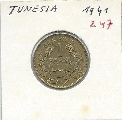 Tunesië, 1 Franc AH1360(1941)., Timbres & Monnaies, Enlèvement ou Envoi, Autres pays, Monnaie en vrac