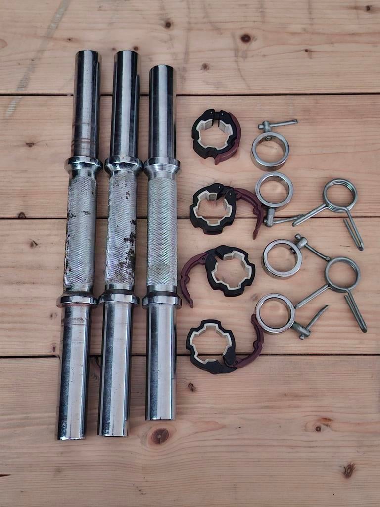 3 barres d’haltères 28 mm + clips et serrages, Enlèvement