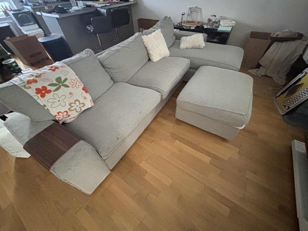 Canapé d'angle + pouf, Ophalen, 250 tot 300 cm, Gebruikt, Hoekbank
