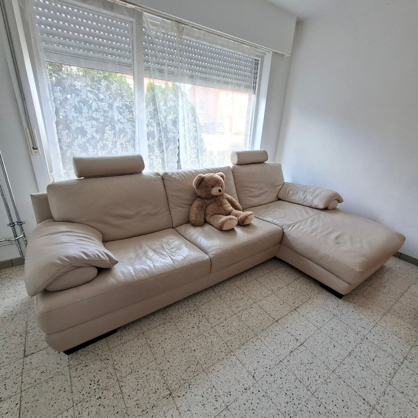 Canapé d'angle en cuir beige avec fauteuil — Canapé de salon, Maison & Meubles, Enlèvement, Cuir