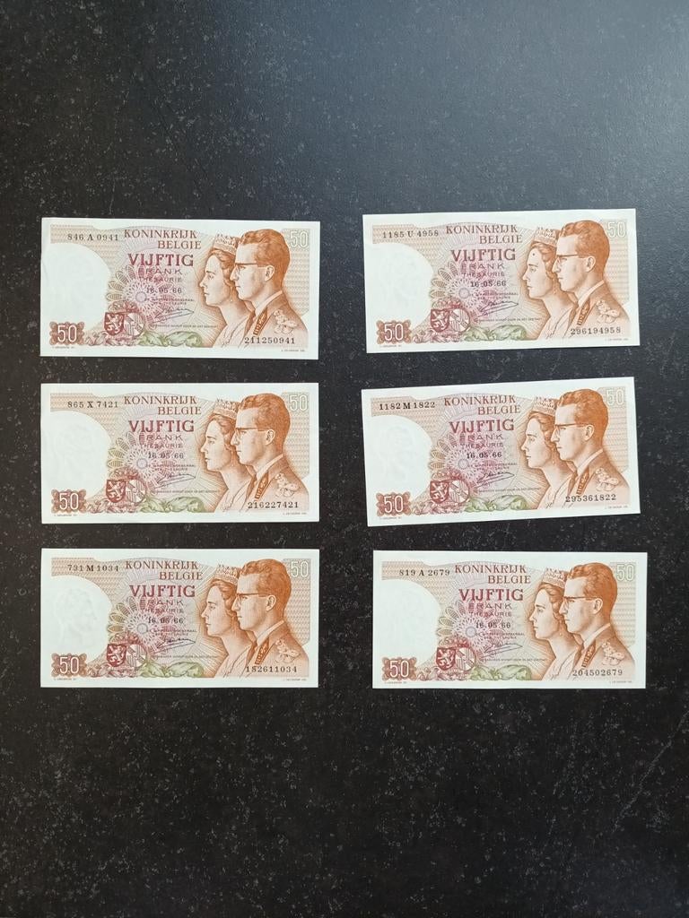 6 x 50 francs Baudouin UNC- 1966, Timbres & Monnaies, Enlèvement ou Envoi, Série