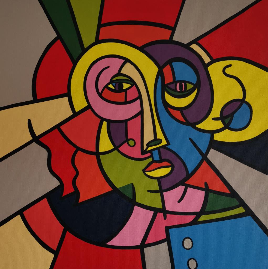 Kubistisch portret van een kleurrijke dame, Antiquités & Art, Art | Peinture | Moderne, Enlèvement, Portrait