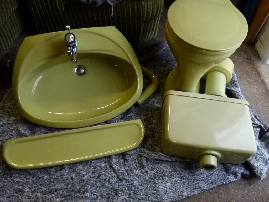 vintage wastafel lavabo + wc + aflegbord 70er moosgrun, Ophalen, Huis en Inrichting