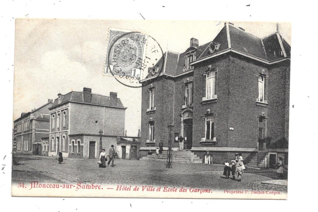 Monceau-sur-Sambre NA60: Hôtel de Ville et Ecole des Garçons, Envoi, Avant 1920, Affranchie, Hainaut