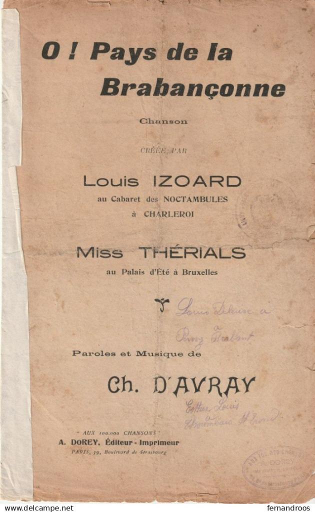 O ! PAYS DE LA BRABANCONNE LOUIS IZOARD CH. D AVRAY PARTITIO, Enlèvement ou Envoi, Utilisé, Thème