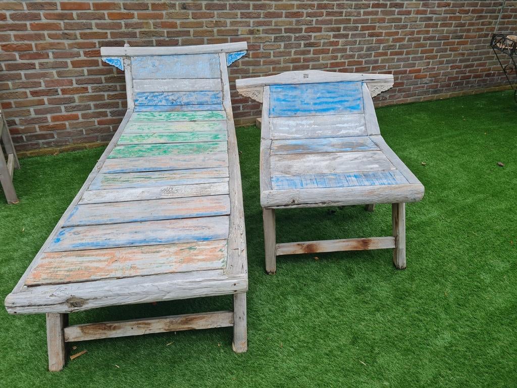 Ensemble de 2 chaises longues de jardin exclusives, couleurs, Jardin & Terrasse, Chaises longues, Utilisé, Bois, Enlèvement