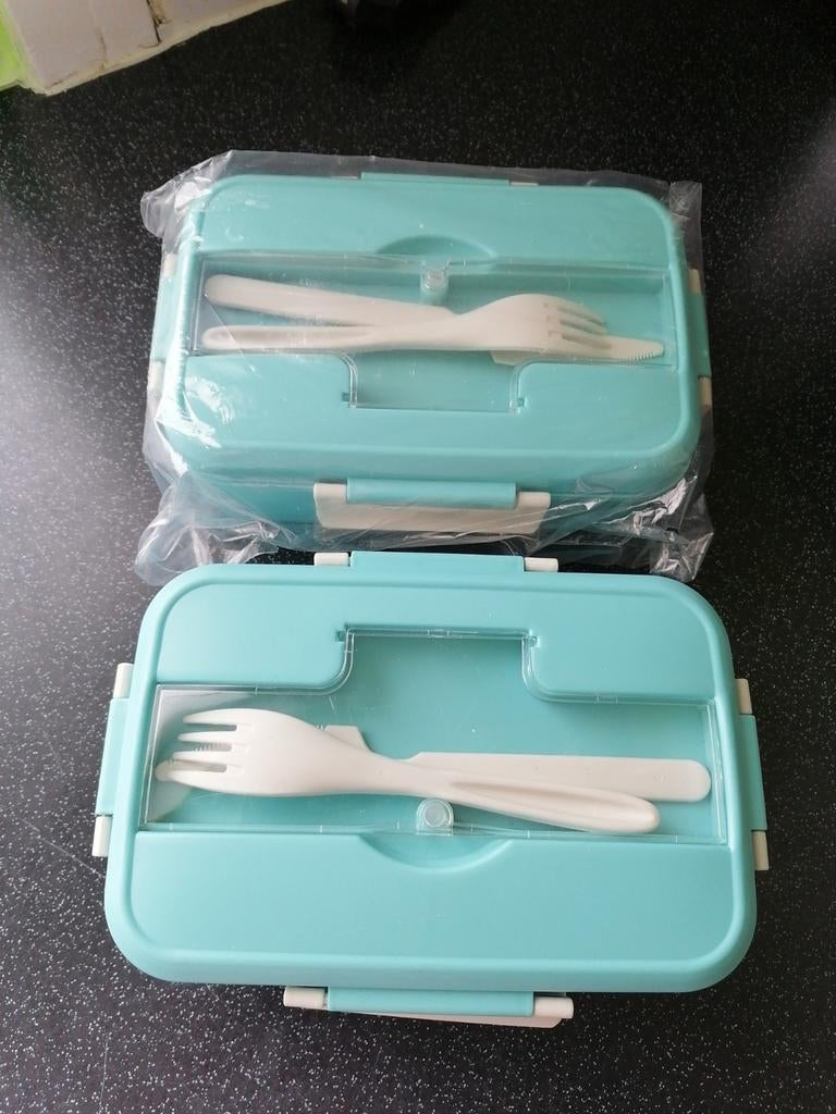 Lunchbox met bestek 2 stuks, Enlèvement ou Envoi, Comme neuf, Bleu, Récipient ou Bol