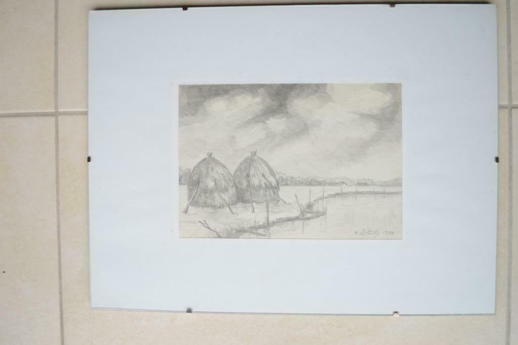 Dessin au crayon paysage meules de foin, Antiquités & Art, Enlèvement ou Envoi
