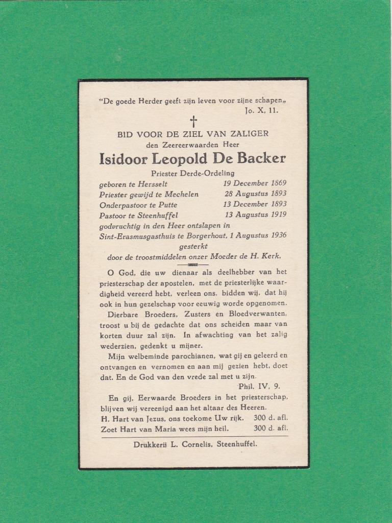 DP Priester Isidoor De Backer, Verzenden, Bidprentje