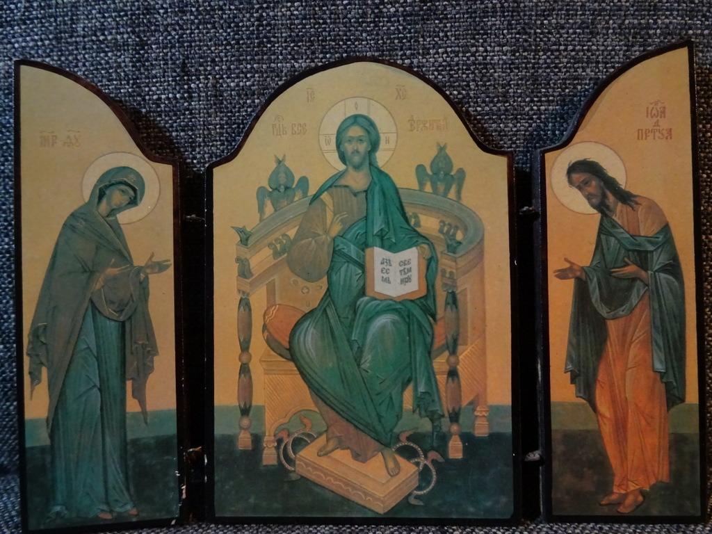 Antiek icoon Christus Koning drieluik icoon Jezus op troon, Antiek en Kunst, Ophalen of Verzenden