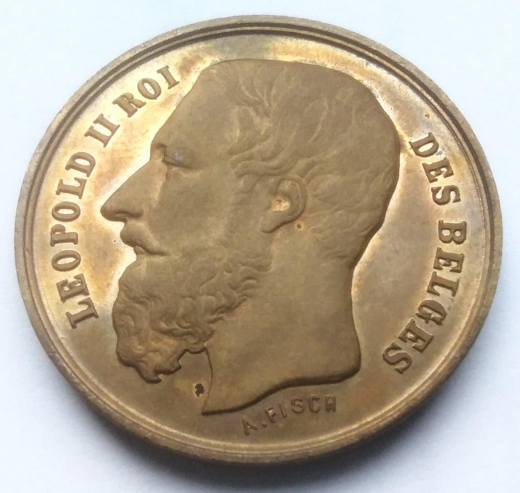 penning Fisch 1888 leopold 2 gr. concours sciences L. Somzee, Postzegels en Munten, Penningen en Medailles, Overige materialen
