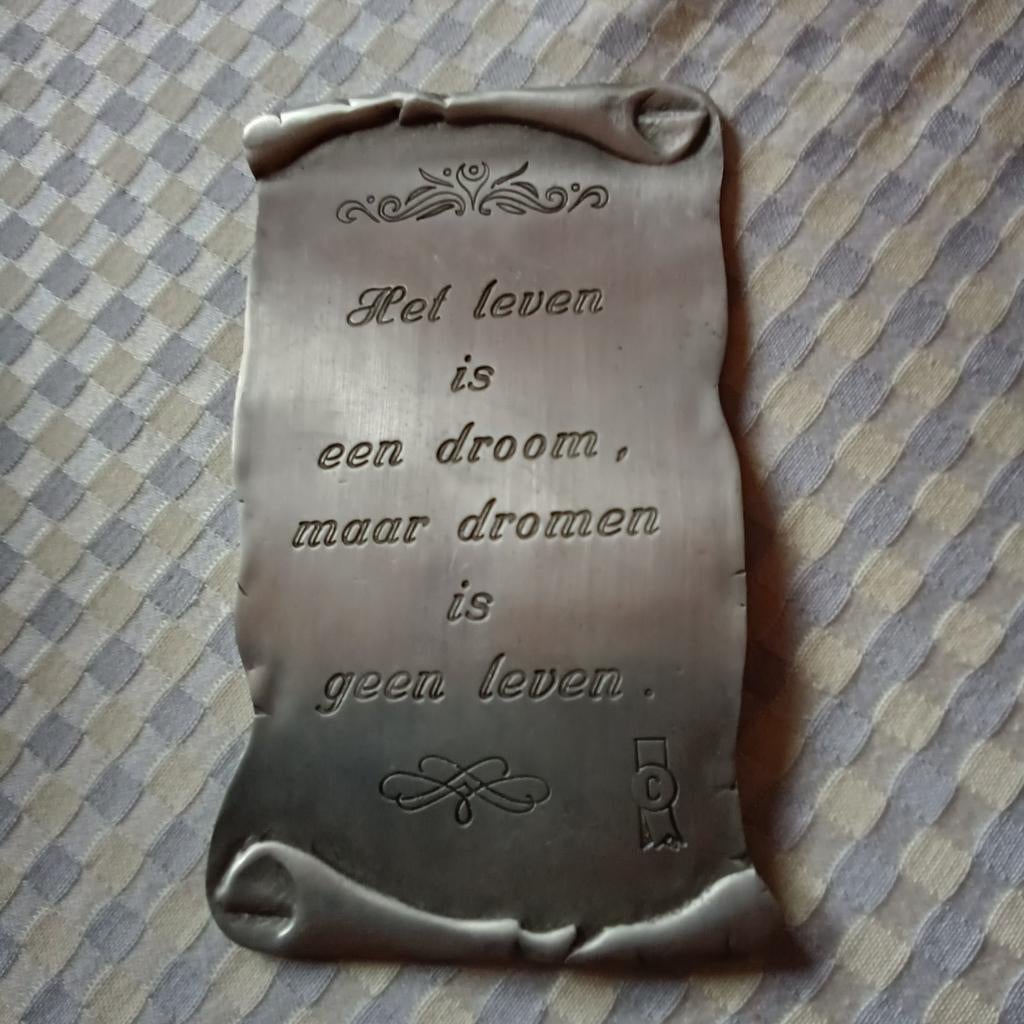 Tinnen plaat met spreuk, Mortsel, Enlèvement
