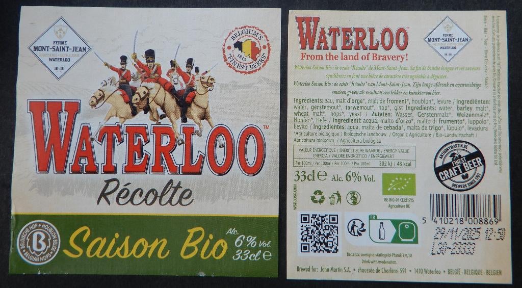 Bieretiket Waterloo Récolte saison Bio (11x2), Verzamelen, Biermerken, Verzenden, Gebruikt