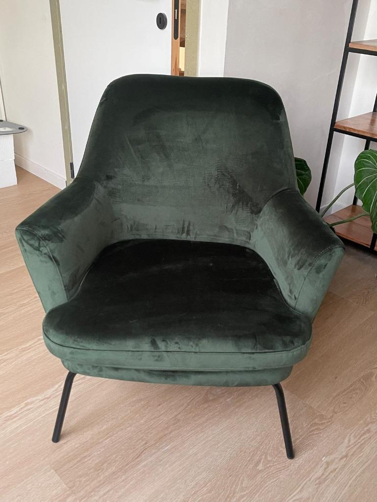 Fauteuil zetel donkergroen Forest green Velvet, Ophalen, Minder dan 75 cm, Zo goed als nieuw, Stof