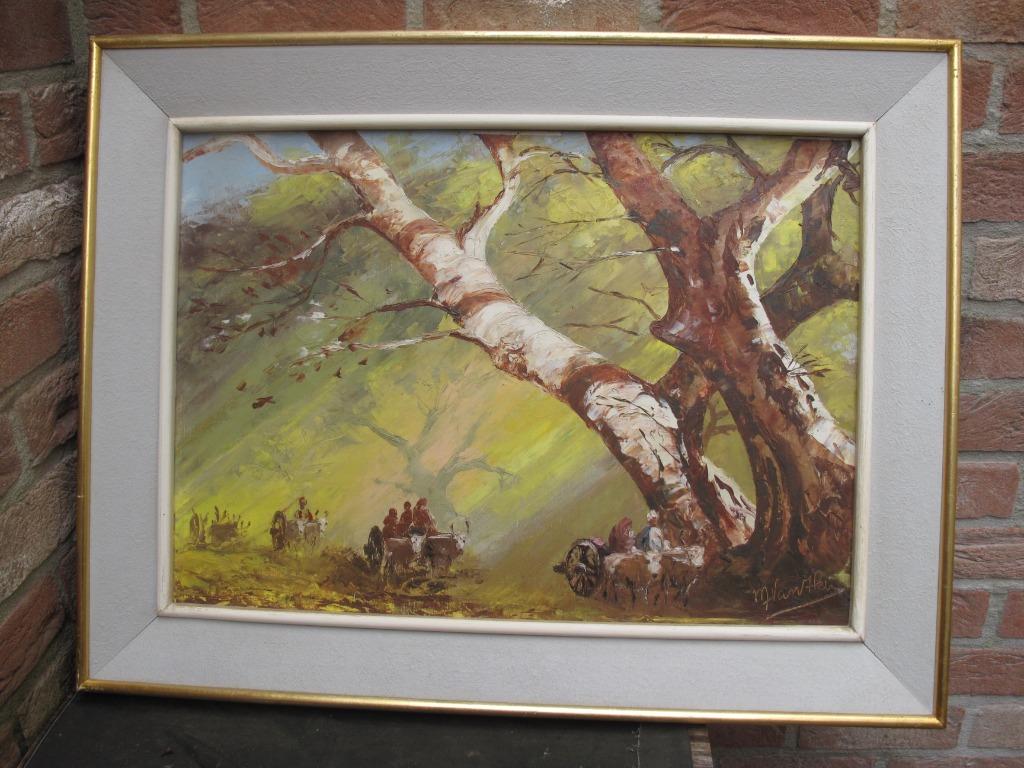 schilderij boomstam met personages, Ophalen