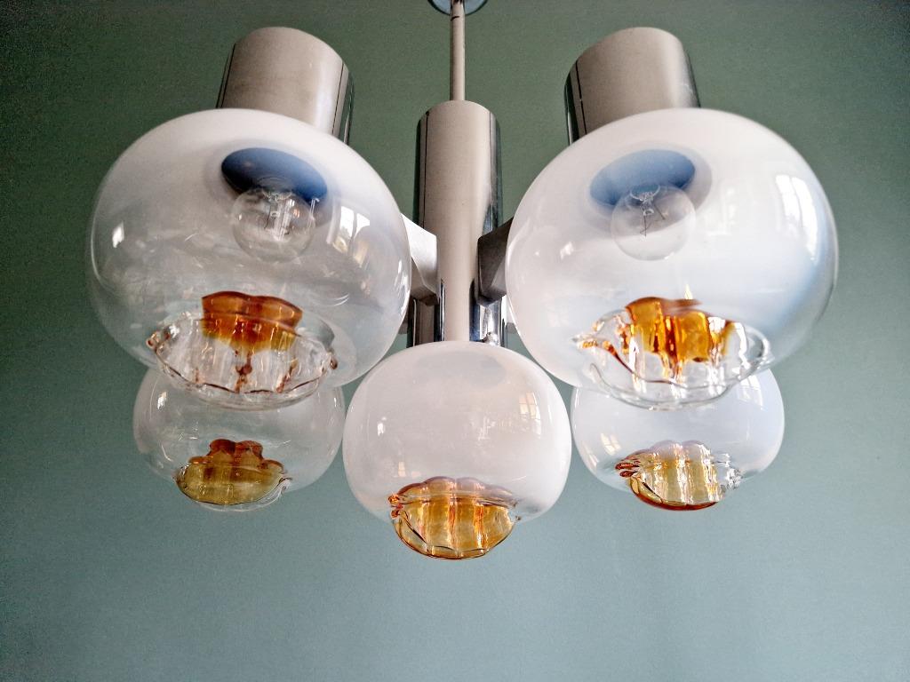 Mazzega kroonluchter in Murano-glas en verchroomd metaal, ja, Ophalen, Gebruikt, Glas, Space Age