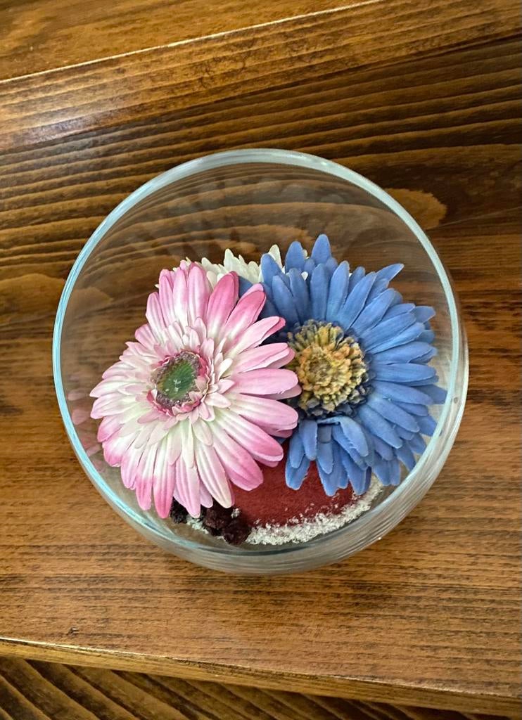 Mooie afgeschuinde vaas met stoffen bloemen, Ophalen, Zo goed als nieuw, Glas
