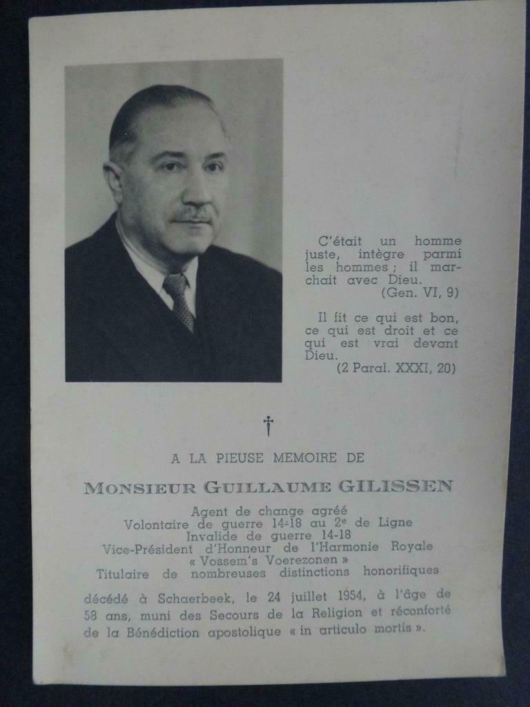 doodsprentje Gilissen Guillaume ° 1896 + Schaerbeek 1954, Verzenden, Rouwkaart