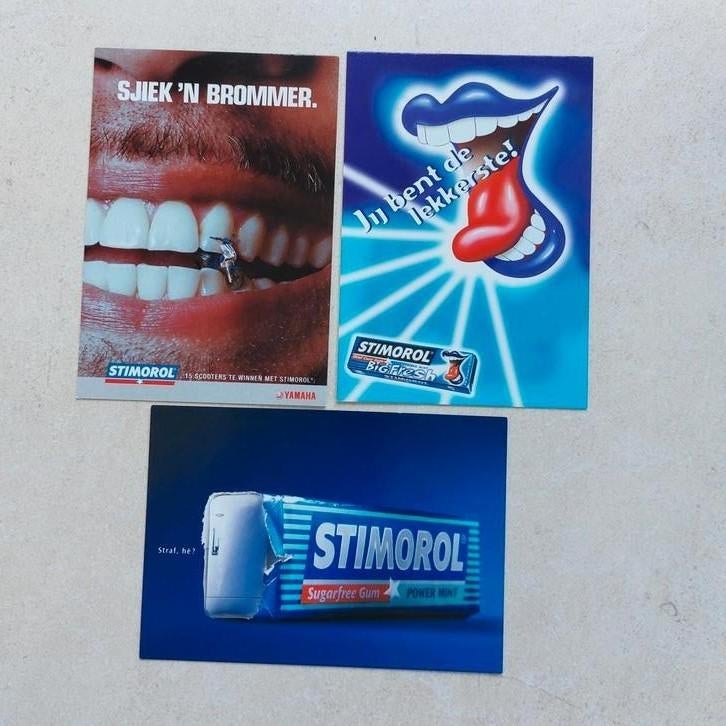 3 reclamepostkaarten kauwgom Stimorol, Ophalen of Verzenden, Zo goed als nieuw