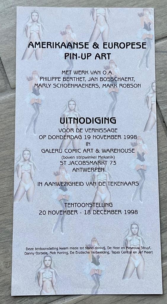 Uitnodiging pin-up art Jan Bosschaert, Philippe Berthet, …, Boeken, Eén stripboek, Nieuw, Ophalen of Verzenden, Jan Bosschaert