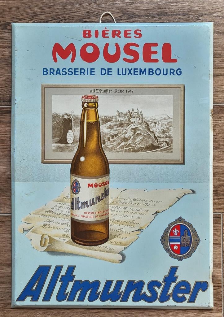 Panneau publicitaire Mousel Luxembourg en étain., Enlèvement ou Envoi, Panneau publicitaire