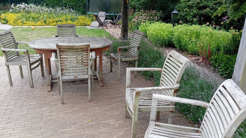 Teak tuinstoelen 6, Jardin & Terrasse, Chaises de jardin, Enlèvement, Utilisé, Bois de teck, Empilable