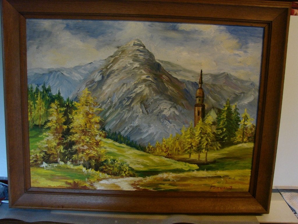 vintage: schilderij bergzicht gesigneerd, Antiek en Kunst, Ophalen, Doek, Gesigneerd, Landschap