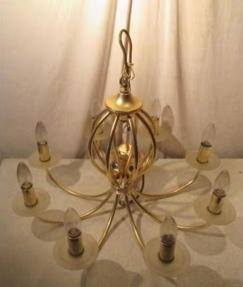 Mooi Retro Vergulde metalen Luchter met 8 lichtpunten, Ophalen of Verzenden, Huis en Inrichting