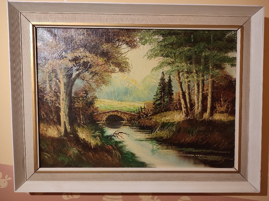 Tableau de H.C. Hermans 1950, Paysage, Enlèvement, Toile, Signé