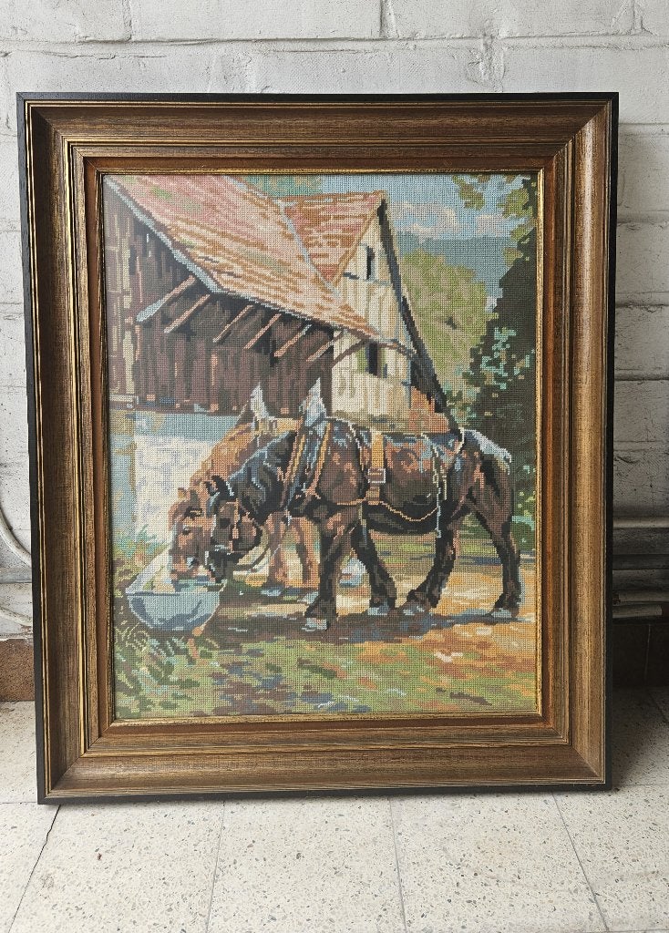 Borduurwerk trekpaarden in lijst (80 cm x 70 cm), Ophalen