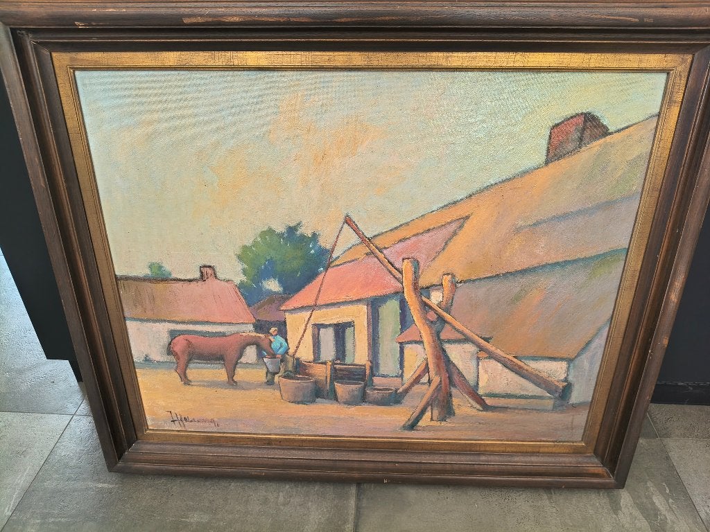 Schilderij Leo Vandekerckhove 'Boerderij met waterput', Antiek en Kunst, Ophalen, Gesigneerd, Doek, Landschap