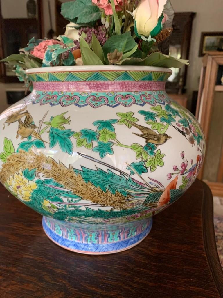 Grote Chinese porseleinen bloempot versierd vogels/bloemen., Antiek en Kunst, Ophalen