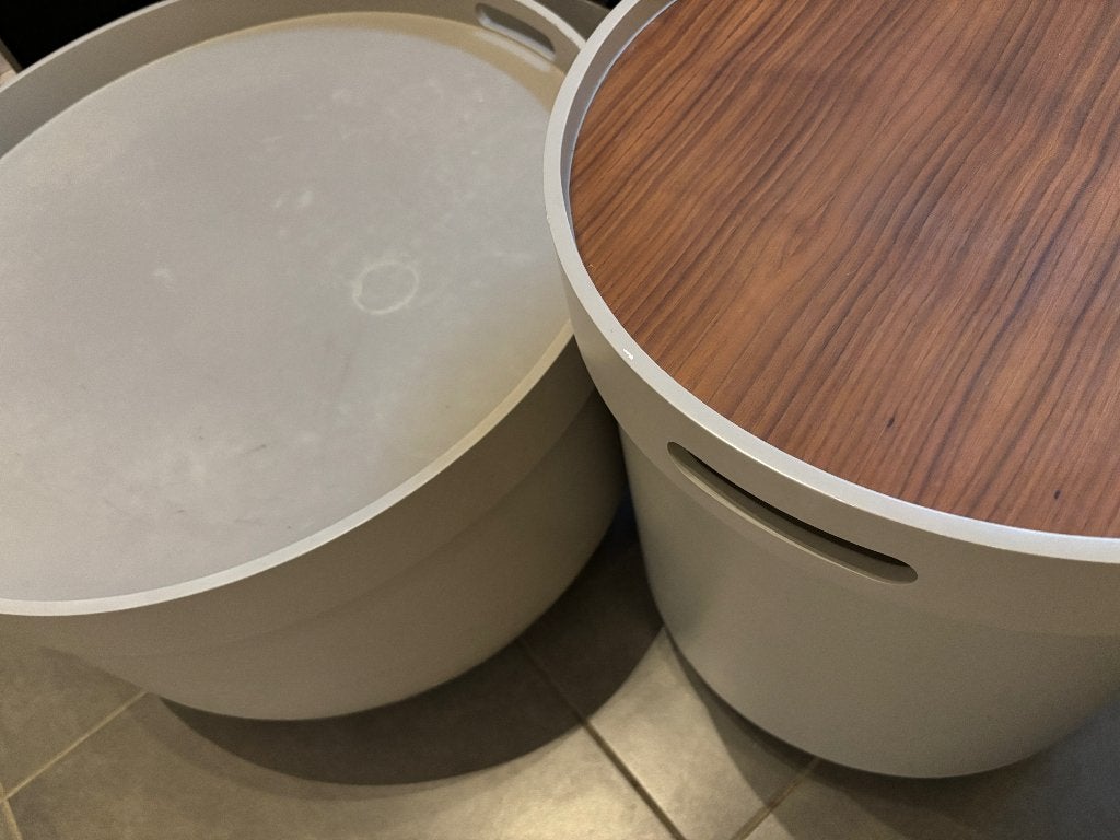 Ronde salontafel /opbergset met plateau gedeelte, Ophalen, 50 – 75, Kunststof, Gebruikt