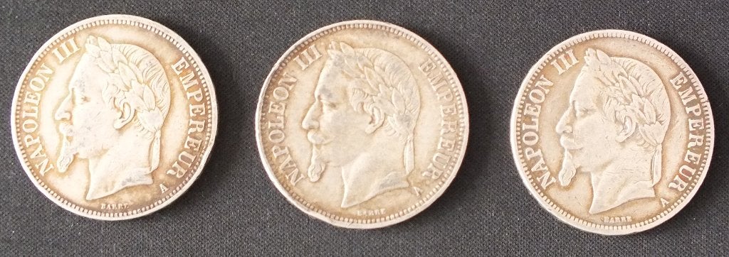 3x Zilveren 5 Fr Napoleon III – Topdeal, Ophalen of Verzenden, Frankrijk, Losse munt, Zilver