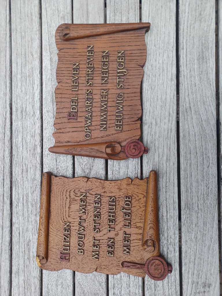set van 2 vintage wandspreuken - hout, Ophalen of Verzenden