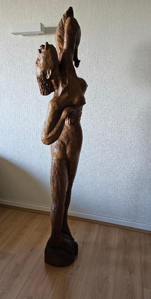 Houten beeld, Bois, 1 mètre - 2 mètres, Brun, Fait main