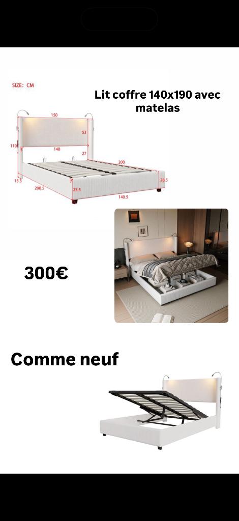 Lit coffre 140x190 avec matelas, Ophalen, Beige, Tweepersoons, Zo goed als nieuw