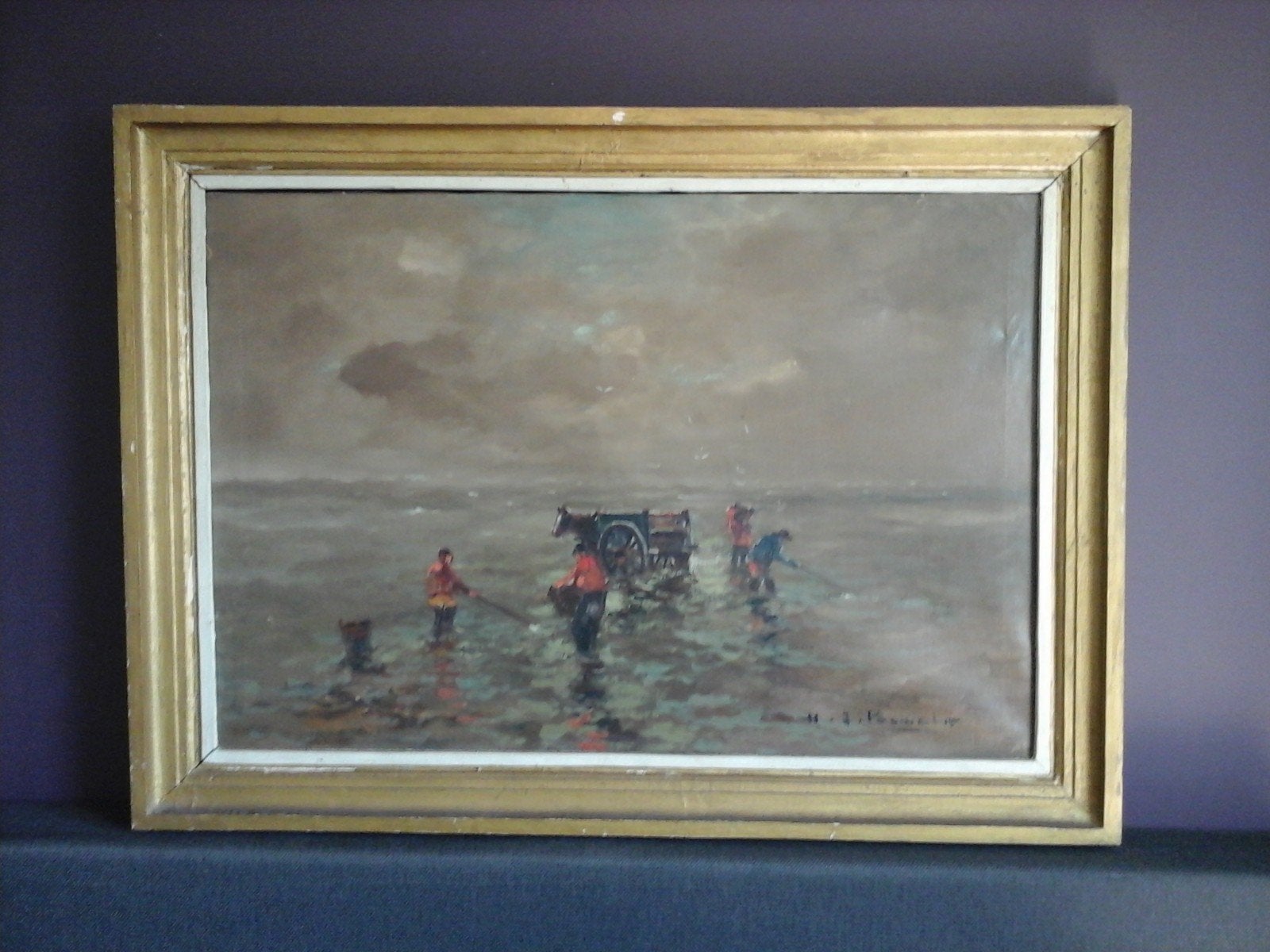 MOOI GROOT SCHILDERIJ VAN H J PAUWELS "DE SCHELPEN VISSERS ", Ophalen, Maritiem / water, Doek, Realistisch