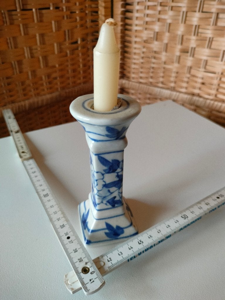 kandelaar blauw beige porcelein antiek goede staat, Antiek en Kunst, Ophalen of Verzenden
